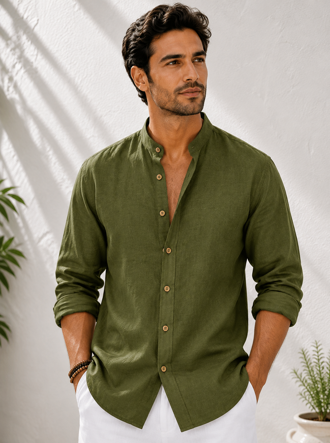 Men's Linen Mandarin Collar Shirt