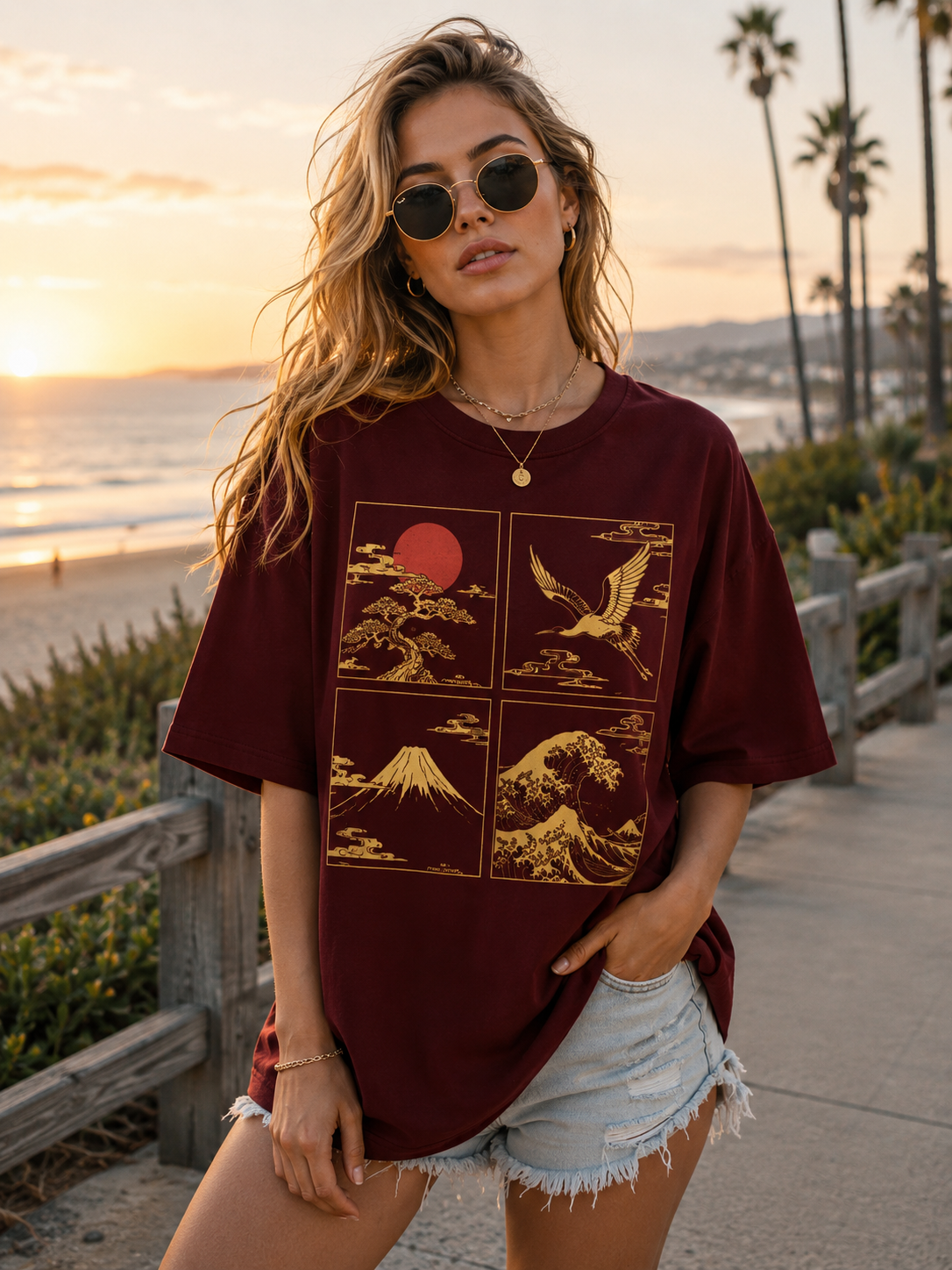 Women's Maroon Japanese Art Oversized T-Shirt