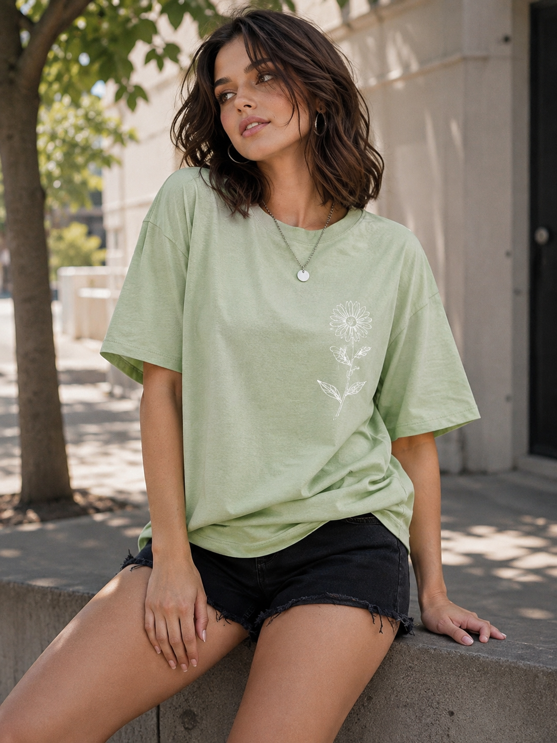 Women's Sage Green Oversized Graphic T-Shirt