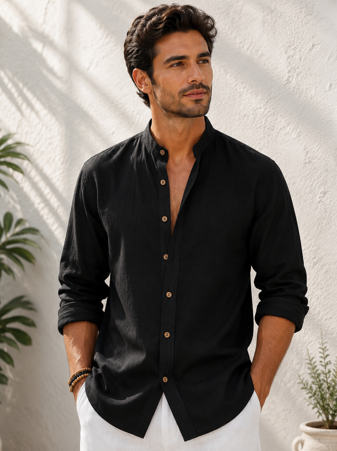 Men's Linen Mandarin Collar Shirt