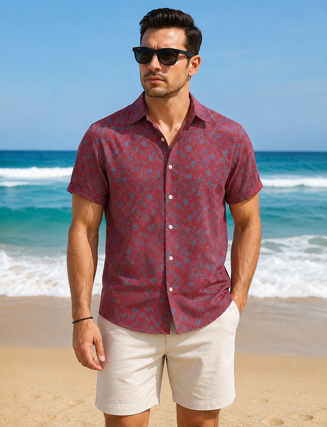 Men's Maroon Floral Beach Shirt
