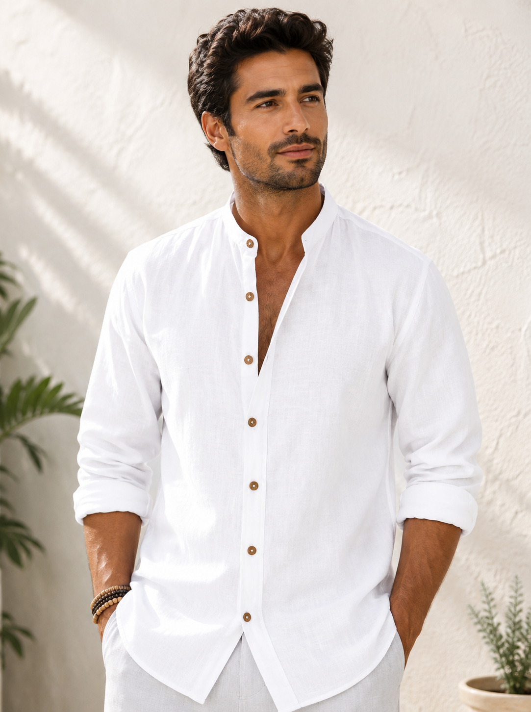 Men's Linen Mandarin Collar Shirt