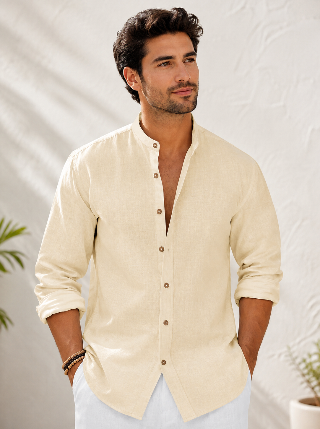 Men's Linen Mandarin Collar Shirt