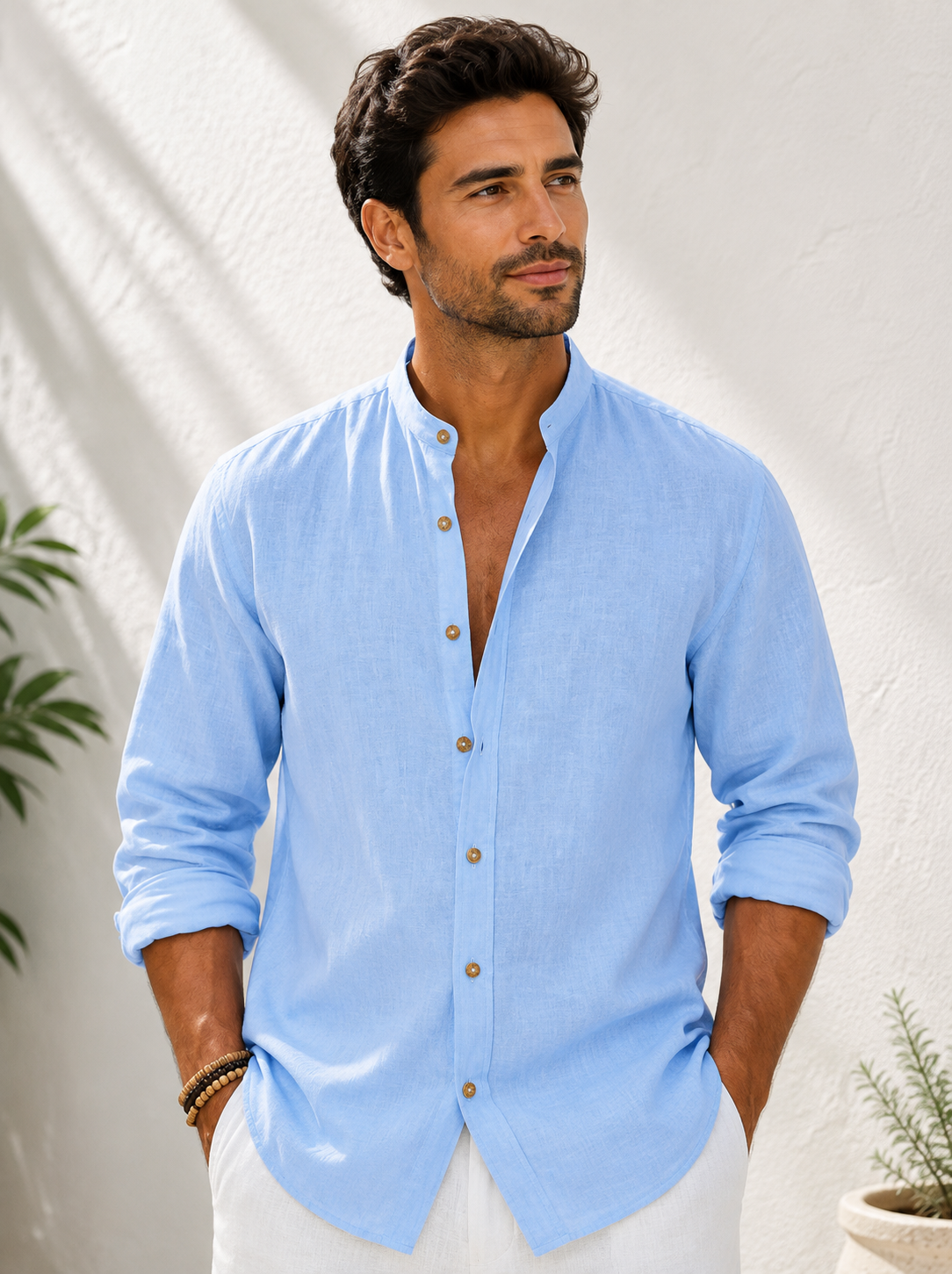 Men's Linen Mandarin Collar Shirt
