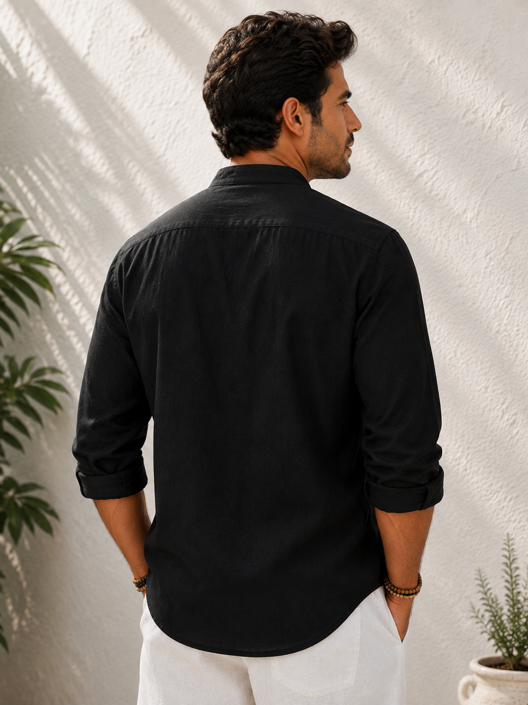 Men's Linen Mandarin Collar Shirt